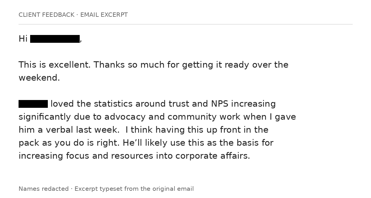 Client email excerpt, names redacted. This is excellent. Thanks so much for getting it ready over the weekend. The excerpt also describes a likely increase in corporate affairs focus and resources.